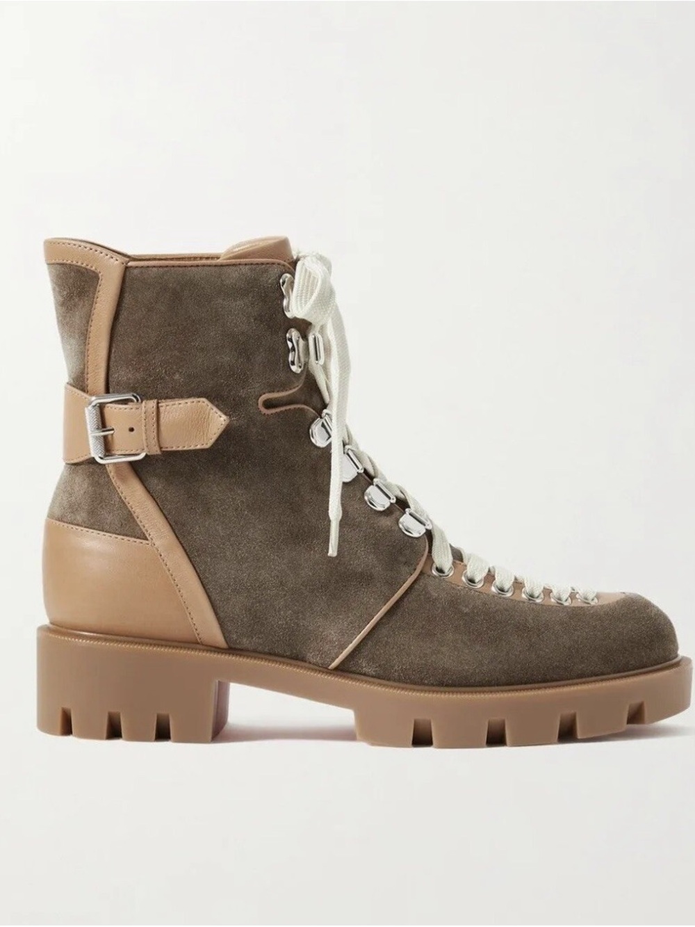 Christian Louboutin Olive Suede Lace-Up Lug Boots with Tan Trim